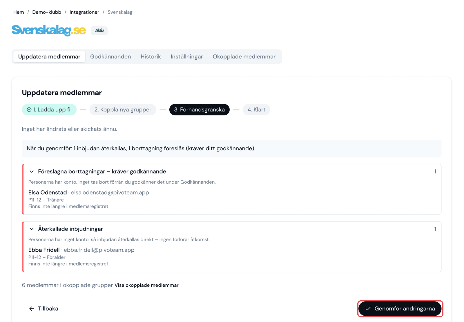 Förhandsgranskning av en uppdatering med en föreslagen borttagning och en återkallad inbjudan.