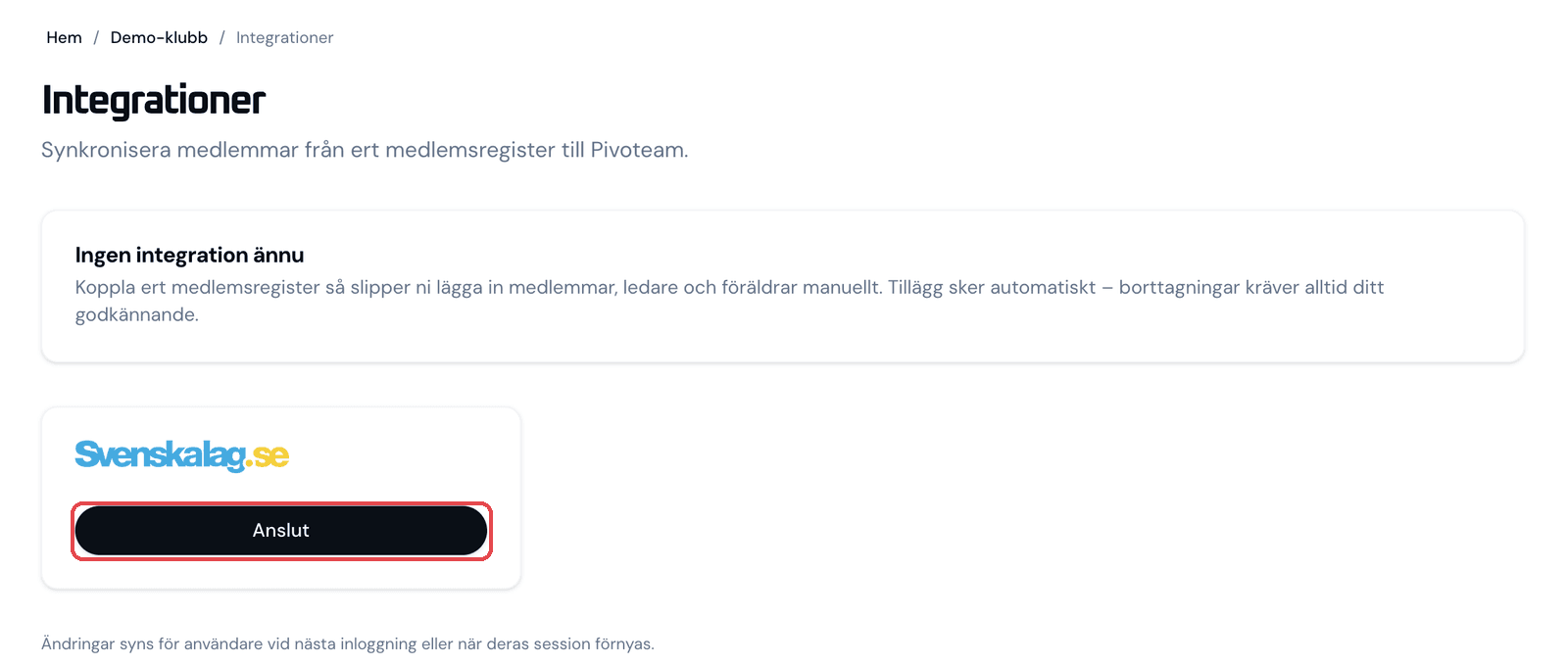 Integrationssidan i Pivoteam med Svenskalag-kortet och knappen Anslut markerad.