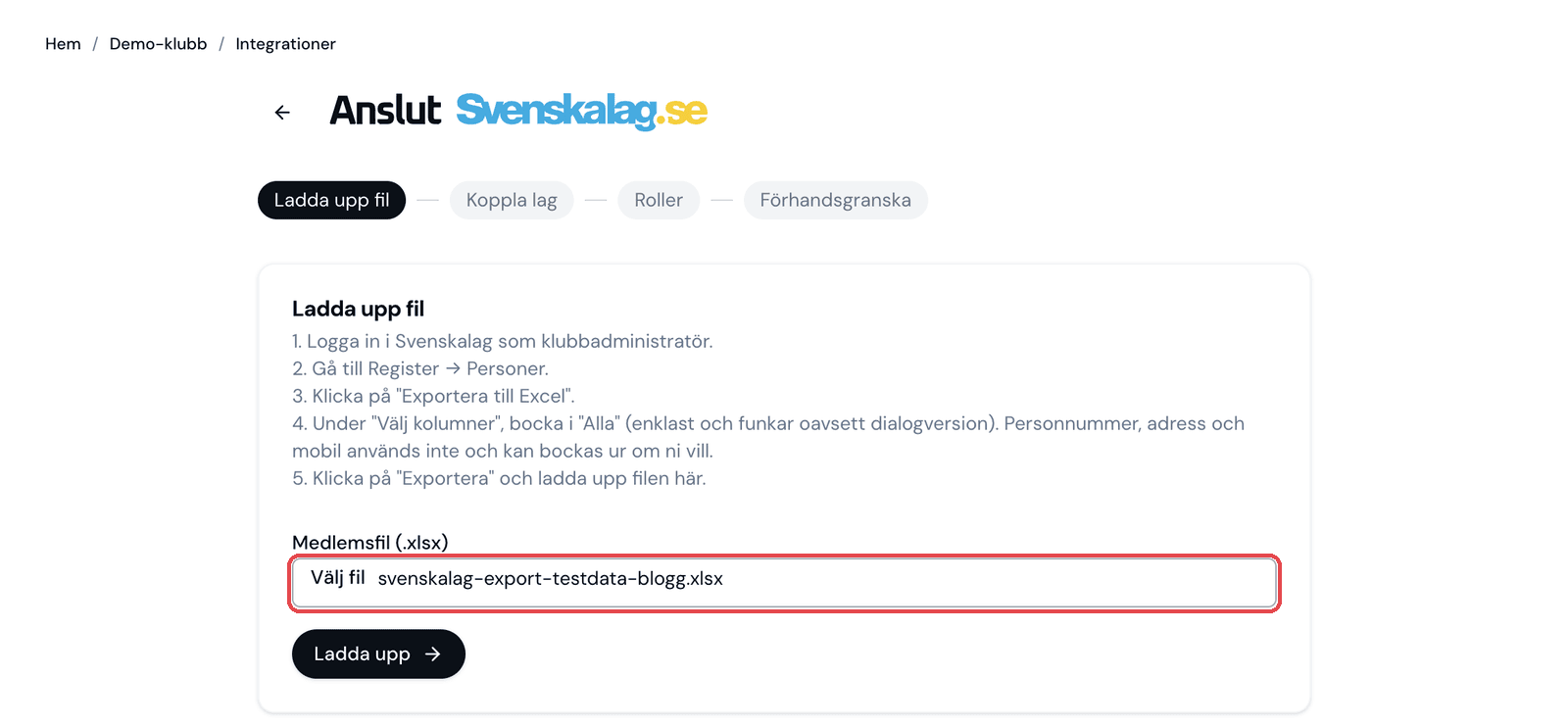Steget Ladda upp fil med exportinstruktioner och fältet där Excel-filen väljs.