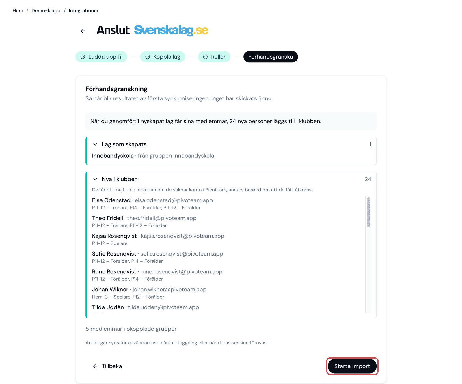 Förhandsgranskning av importen som visar nya personer och roller innan något skickas.